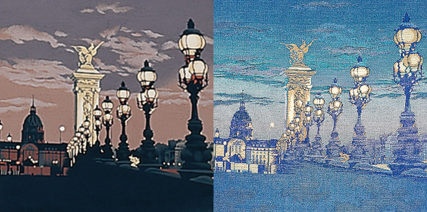 Design sketching of the Seine River scenery in Paris (left) and its woven product (right)